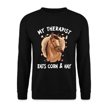 My Therapist Eats Corn & Hay Reiter Reiterin Pferd - Unisex Pullover - Schwarz - Vorne - Alina (178cm) & Michal (187cm)