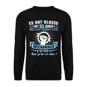 Automechaniker 80. Geburtstag 80 Jahre Mechaniker - Unisex Pullover - Schwarz - Vorne - Alina (178cm) & Michal (187cm)