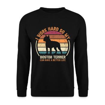 Arbeiten Sie Hart - Retro Boston Terrier - Unisex Pullover - Schwarz - Vorne - Alina (178cm) & Michal (187cm)