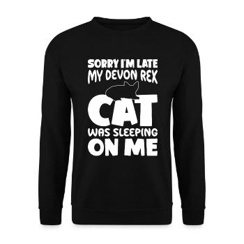 Sorry, I'm too late - Devon Rex Cat - Unisex Sweatshirt - black - Front - Alina (178cm) & Michal (187cm)