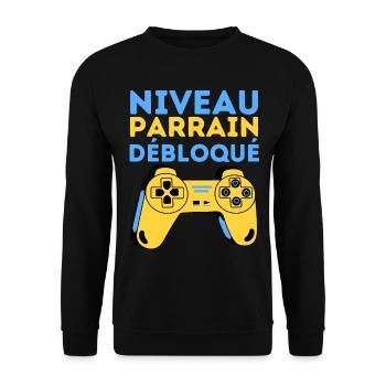 Niveau Parrain Débloqué 2023 Cadeau Parrain Gamer - Sweat-shirt Unisexe - noir - Devant - Alina (178cm) & Michal (187cm)