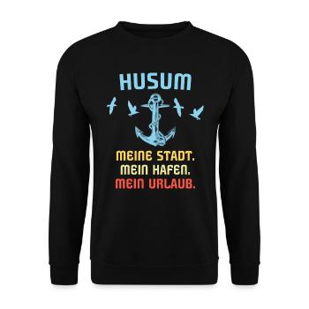 Husum Souvenir Husumer Hafen - Unisex Pullover - Schwarz - Vorne - Alina (178cm) & Michal (187cm)