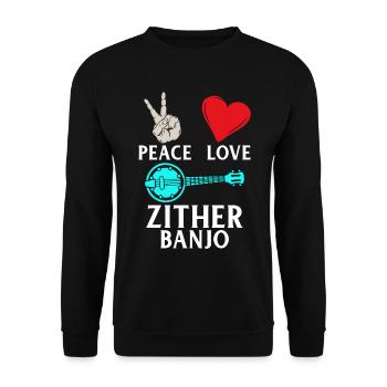 Peace Love Zither Banjo Music Instrument - Unisex Pullover - Schwarz - Vorne - Alina (178cm) & Michal (187cm)