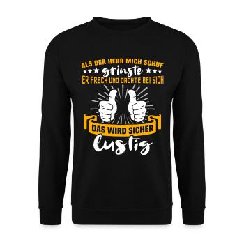 Lustig Sprüche Gott Grinste - Unisex Pullover - Schwarz - Vorne - Alina (178cm) & Michal (187cm)