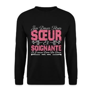 J'ai deux titres Sœur et Soignante. Cadeau soeur . - Sweat-shirt Unisexe - noir - Devant - Alina (178cm) & Michal (187cm)