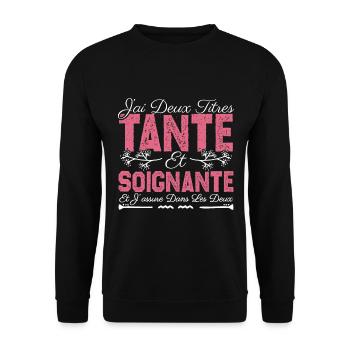 J'ai deux titres tante et Soignante. Cadeau . - Sweat-shirt Unisexe - noir - Devant - Alina (178cm) & Michal (187cm)