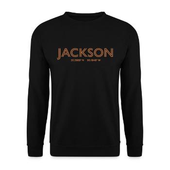 USA Stadt Koordinaten - Jackson - Unisex Pullover - Schwarz - Vorne - Alina (178cm) & Michal (187cm)