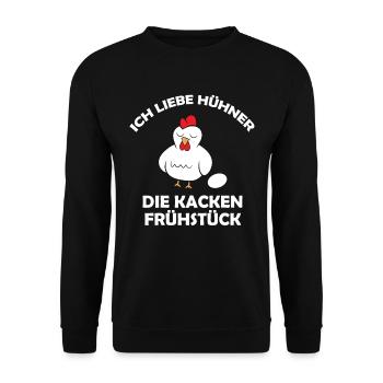 Ich liebe Hühner, die kacken Frühstück - Unisex Pullover - Schwarz - Vorne - Alina (178cm) & Michal (187cm)