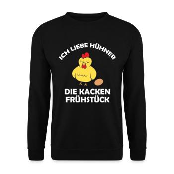 Ich liebe Hühner, die kacken Frühstück - Unisex Pullover - Schwarz - Vorne - Alina (178cm) & Michal (187cm)