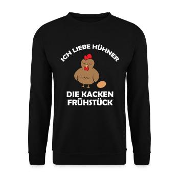 Ich liebe Hühner, die kacken Frühstück - Unisex Pullover - Schwarz - Vorne - Alina (178cm) & Michal (187cm)