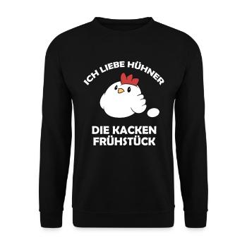 Ich liebe Hühner, die kacken Frühstück - Unisex Pullover - Schwarz - Vorne - Alina (178cm) & Michal (187cm)