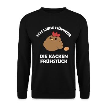 Ich liebe Hühner, die kacken Frühstück - Unisex Pullover - Schwarz - Vorne - Alina (178cm) & Michal (187cm)