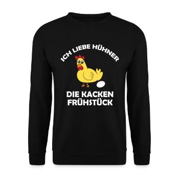Ich liebe Hühner, die kacken Frühstück - Unisex Pullover - Schwarz - Vorne - Alina (178cm) & Michal (187cm)