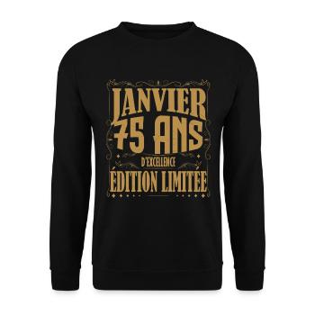Janvier 75 ans. Cadeau 75 ans janvier anniversaire - Sweat-shirt Unisexe - noir - Devant - Alina (178cm) & Michal (187cm)