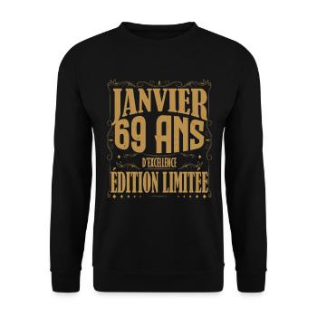 Janvier 69 ans. Cadeau 69 ans janvier anniversaire - Sweat-shirt Unisexe - noir - Devant - Alina (178cm) & Michal (187cm)