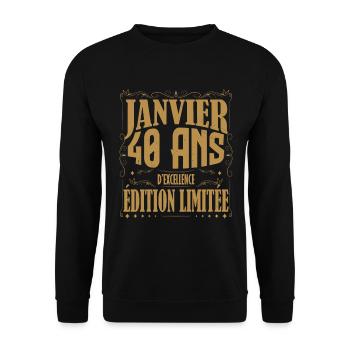 Janvier 40 ans. Cadeau 40 ans janvier anniversaire - Sweat-shirt Unisexe - noir - Devant - Alina (178cm) & Michal (187cm)