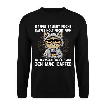 Lustige Katze Trinkt Kaffee - Unisex Pullover - Schwarz - Vorne - Alina (178cm) & Michal (187cm)