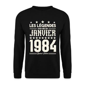 cadeau d'anniversaire janvier 1984. Janvier 1984. - Sweat-shirt Unisexe - noir - Devant - Alina (178cm) & Michal (187cm)