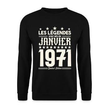 cadeau d'anniversaire janvier 1971. Janvier 1971. - Sweat-shirt Unisexe - noir - Devant - Alina (178cm) & Michal (187cm)