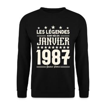 cadeau d'anniversaire janvier 1987. Janvier 1987. - Sweat-shirt Unisexe - noir - Devant - Alina (178cm) & Michal (187cm)