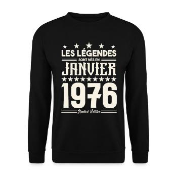 cadeau d'anniversaire janvier 1976. Janvier 1976. - Sweat-shirt Unisexe - noir - Devant - Alina (178cm) & Michal (187cm)