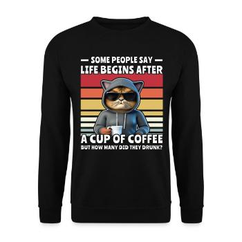 Retro Katze Kaffee - Unisex Pullover - Schwarz - Vorne - Alina (178cm) & Michal (187cm)