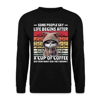 Retro Katze Kaffee - Unisex Pullover - Schwarz - Vorne - Alina (178cm) & Michal (187cm)