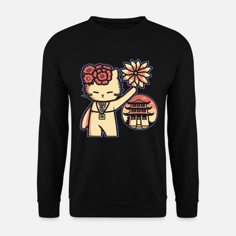 Japanischer Schrein Katzen: Blumen Katze - Unisex Pullover - Schwarz