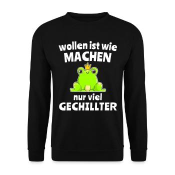 Frosch Chillen Wollen Machen - Unisex Pullover - Schwarz - Vorne - Alina (178cm) & Michal (187cm)