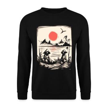 Japanische Rote Sonne: Fischer und Angler am See - Unisex Pullover - Schwarz - Vorne - Alina (178cm) & Michal (187cm)