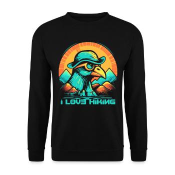 Schlaues Huhn in den Bergen: Ich liebe Wandern - Unisex Pullover - Schwarz - Vorne - Alina (178cm) & Michal (187cm)