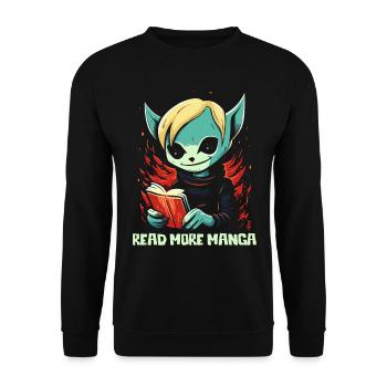 Anime Cartoon-Kreatur mit Buch: Lies mehr Manga - Unisex Pullover - Schwarz - Vorne - Alina (178cm) & Michal (187cm)