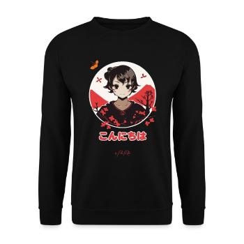 こんにちは Konnichiwa Hallo Japan - Unisex Pullover - Schwarz - Vorne - Alina (178cm) & Michal (187cm)