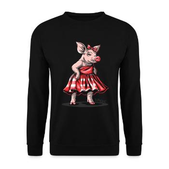Miss 50s Rockabilly Schwein im Karo Kleid - Unisex Pullover - Schwarz - Vorne - Alina (178cm) & Michal (187cm)