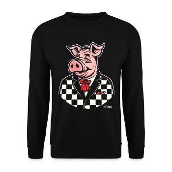 Checker, ein pummeliges Schwein im Stil der 50er - Unisex Pullover - Schwarz - Vorne - Alina (178cm) & Michal (187cm)