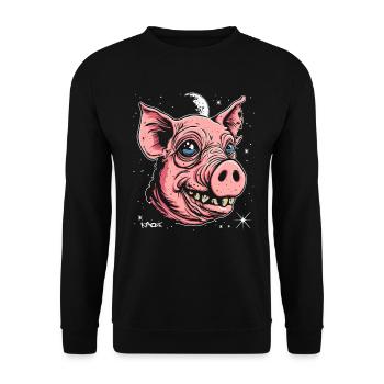 Der gute alte Freund: Das Weltraum Schwein - Unisex Pullover - Schwarz - Vorne - Alina (178cm) & Michal (187cm)