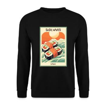 Parodie japanisches Werbeplakat: Wellen von Sushi - Unisex Pullover - Schwarz - Vorne - Alina (178cm) & Michal (187cm)