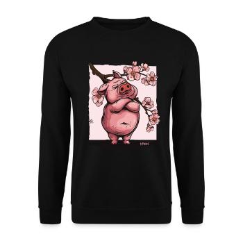 Offended Japanese Sakura Flowers Pig - Unisex Sweatshirt - black - Front - Alina (178cm) & Michal (187cm)