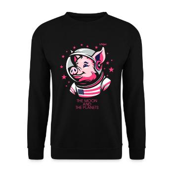 Ein Retro-Cartoon-Astronaut Schwein - Unisex Pullover - Schwarz - Vorne - Alina (178cm) & Michal (187cm)