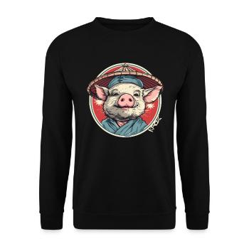 Chinesischer Bauer mit Strohhut Cartoon Schwein - Unisex Pullover - Schwarz - Vorne - Alina (178cm) & Michal (187cm)