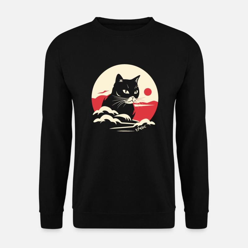 schwarze Katze unter der japanischen roten Sonne - Unisex Pullover - Schwarz