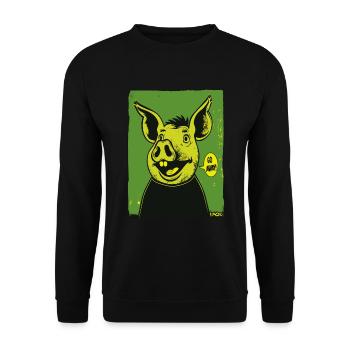 Grünes Cartoon-Schwein sagt: "Hau ab!" - Unisex Pullover - Schwarz - Vorne - Alina (178cm) & Michal (187cm)