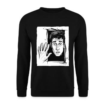 Abstrakt surrealistischer Cartoon Mann - Unisex Pullover - Schwarz - Vorne - Alina (178cm) & Michal (187cm)