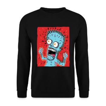 Cartoonkunst eines verrückten Typen - Unisex Pullover - Schwarz - Vorne - Alina (178cm) & Michal (187cm)