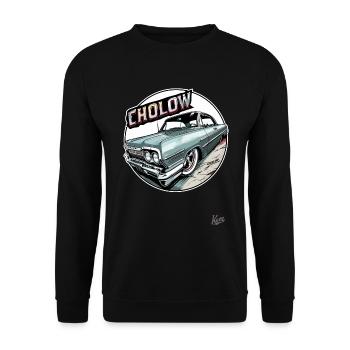 Cholow Klassiker: Oldtimer Lowrider-Auto - Unisex Pullover - Schwarz - Vorne - Alina (178cm) & Michal (187cm)