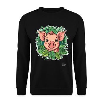 Kleines Süßes Schwein im Pflanzen-Dschungel - Unisex Pullover - Schwarz - Vorne - Alina (178cm) & Michal (187cm)