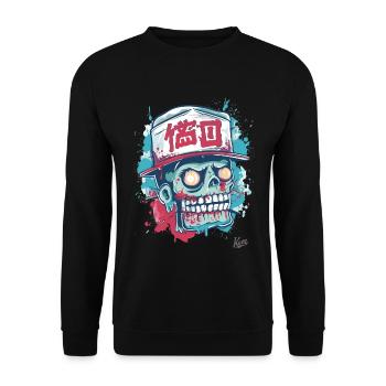 Lustige Japanische Streetwear: Zombie-Totenkopf - Unisex Pullover - Schwarz - Vorne - Alina (178cm) & Michal (187cm)