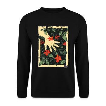 Propaganda-Style: Hand an den Pflanzen im Paradies - Unisex Pullover - Schwarz - Vorne - Alina (178cm) & Michal (187cm)