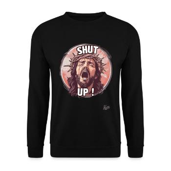 Jesus-Typ in Qualen sagt: „Halt die Klappe“ - Unisex Pullover - Schwarz - Vorne - Alina (178cm) & Michal (187cm)