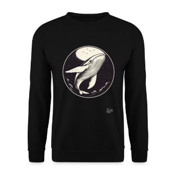 Blauer Wal im Himmel mit Mond und Sternen - Unisex Pullover - Schwarz - Vorne - Alina (178cm) & Michal (187cm)